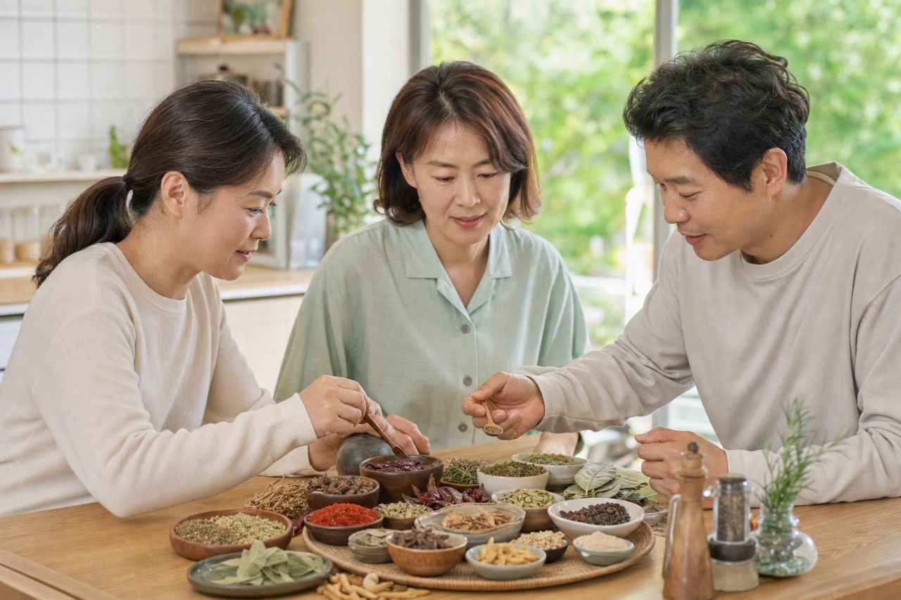 다양한 천연 향신료가 담긴 작은 그릇들의 모습