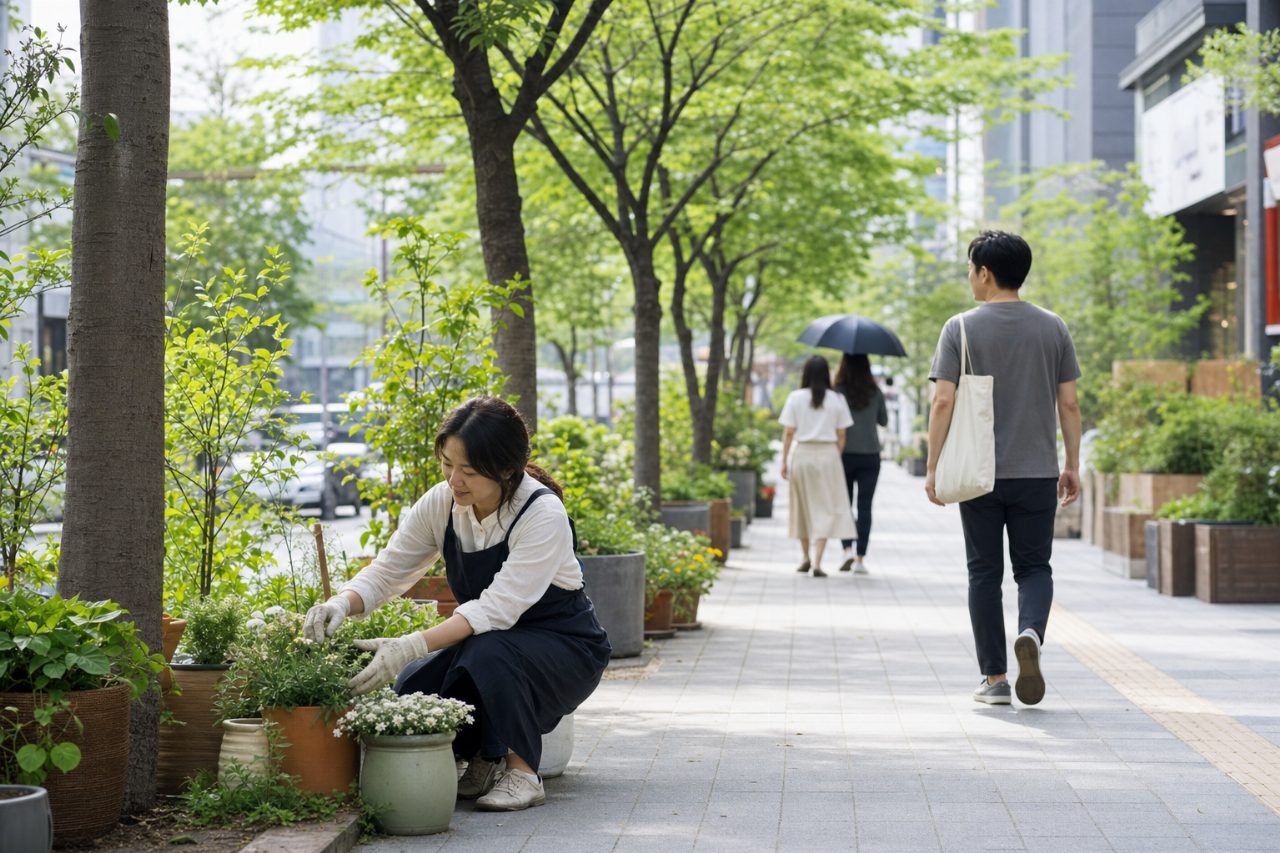 나무와 화분이 조화를 이루는 도시의 인도 풍경